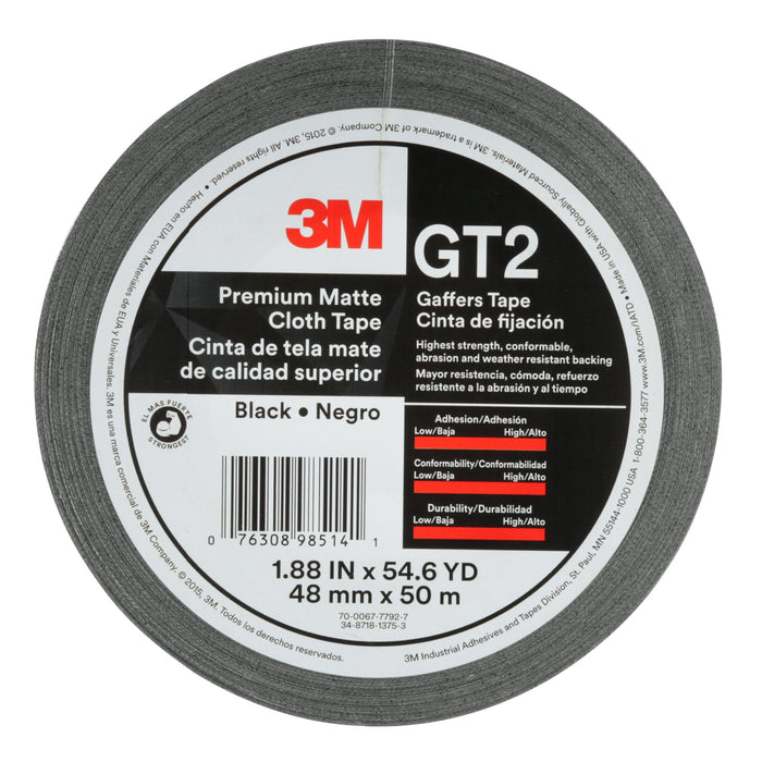 3M Premium Matte Cloth (Gaffers) Tape GT2, Black, 48 mm x 50 m, 11 mil