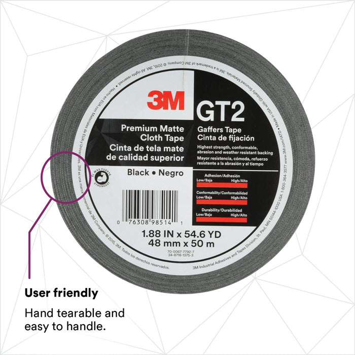 3M Premium Matte Cloth (Gaffers) Tape GT2, Black, 48 mm x 50 m, 11 mil