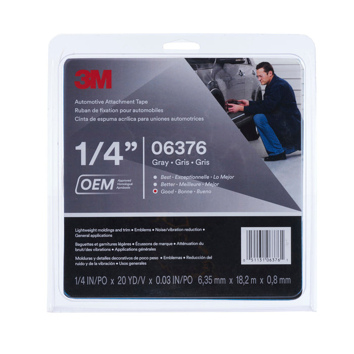 3M Automotive Attachment Tape 06376, Gray, 0.76 mm, 1/4 in x 20 yd