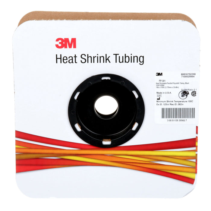 3M Thin-Wall Polyolefin Heat Shrink Tubing FP 301 1/8" Black 100-ftspool