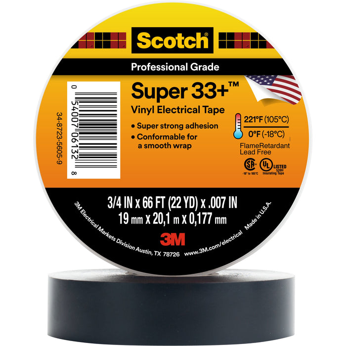 Scotch® Super 33+ Vinyl Electrical Tape, 3/4 in x 66 ft, 1-1/2 in Core,Black