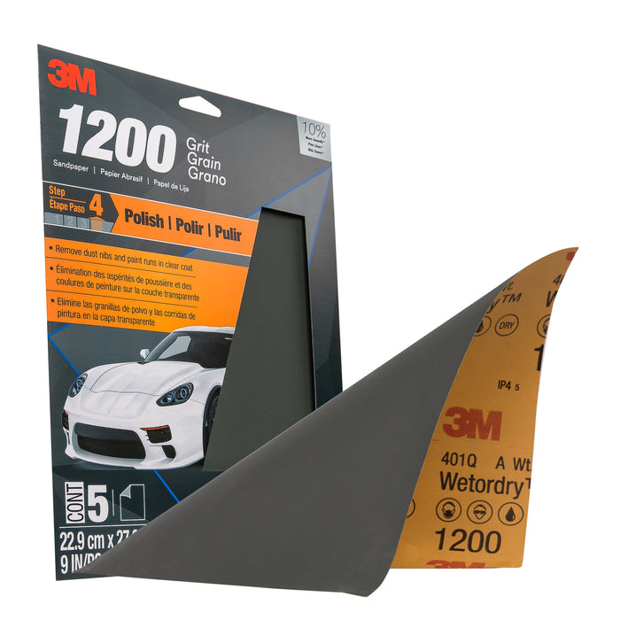3M Wetordry Sandpaper, 32022, 9 in x 11 in, 1200 Grit, 5 sheets perpack
