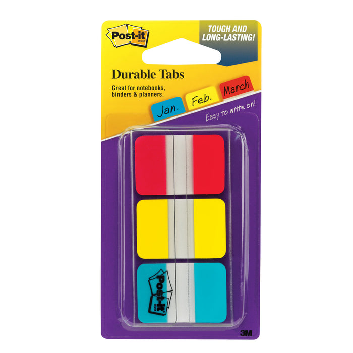 Post-it® Durable Tabs 686-RYBT, 1 in x 1.5 in Red, Yellow, Blue 24each/cs