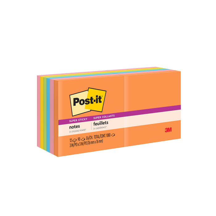 Post-it® Super Sticky Notes 654-12SSUC, 3 in x 3 in (76 mm x 76 mm)