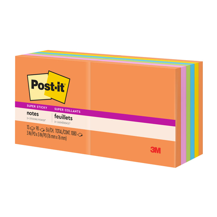 Post-it® Super Sticky Notes 654-12SSUC, 3 in x 3 in (76 mm x 76 mm)