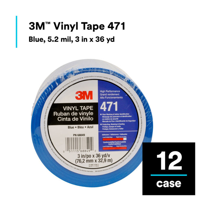 3M Vinyl Tape 471, Blue, 3 in x 36 yd, 5.2 mil, 12 Roll/Case