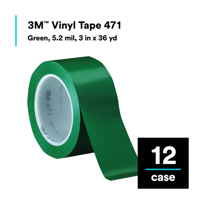 3M Vinyl Tape 471, Green, 3 in x 36 yd, 5.2 mil, 12 Roll/Case