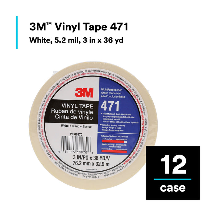 3M Vinyl Tape 471, White, 3 in x 36 yd, 5.2 mil, 12 Roll/Case