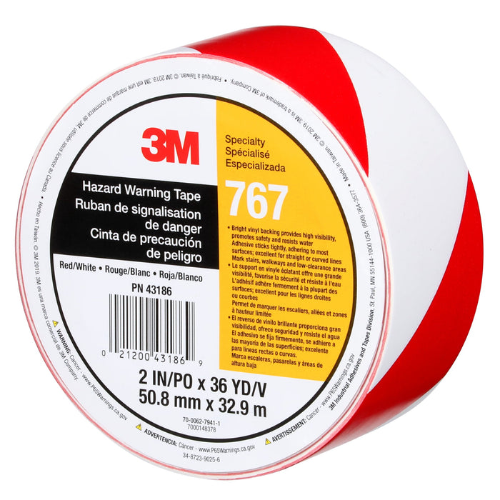 3M Safety Stripe Vinyl Tape 767, Red/White, 2 in x 36 yd, 5 mil, 12 Roll/Case