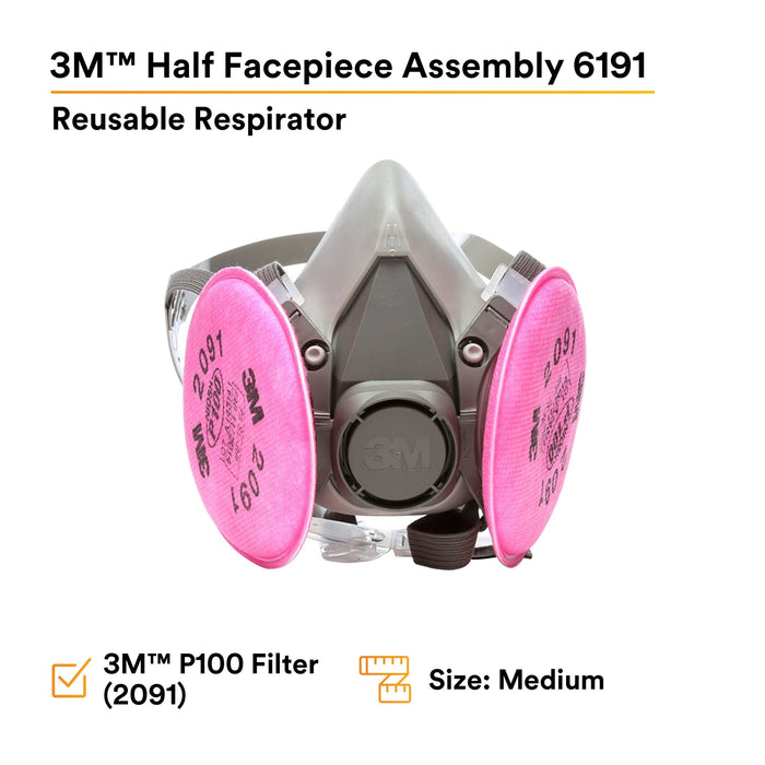 3M Half Facepiece Reusable Respirator Assembly 6191/07001(AAD), P100