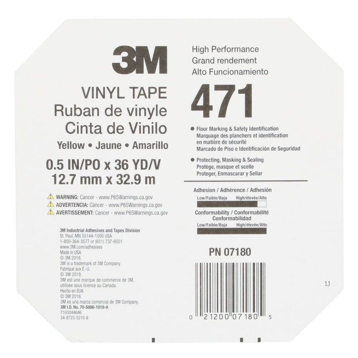 3M Vinyl Tape 471, Yellow, 1/2 in x 36 yd, 5.2 mil, 72 Roll/Case, HeatTreated