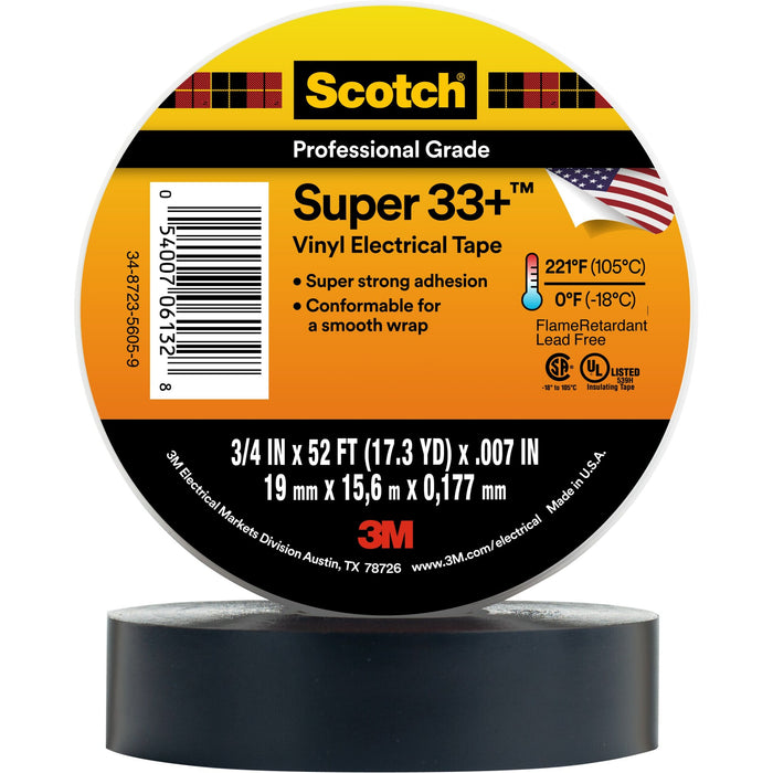 Scotch® Super 33+ Vinyl Electrical Tape, 3/4 in x 52 ft, Black, 10rolls/carton