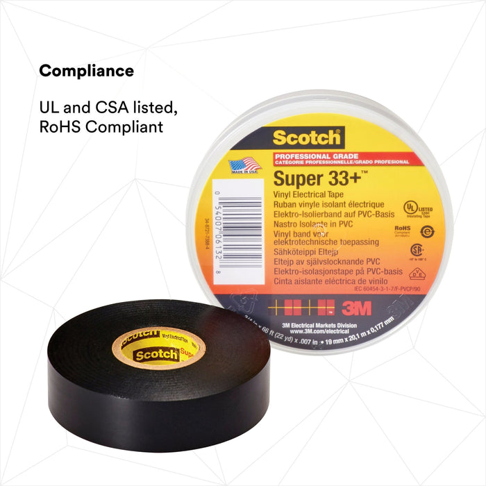 Scotch® Super 33+ Vinyl Electrical Tape, 3/4 in x 52 ft, Black, 10rolls/carton