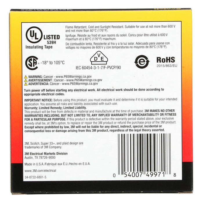 Scotch® Super 33+ Vinyl Electrical Tape, 3/4 in x 66 ft, 1-1/2 in Core,
Black