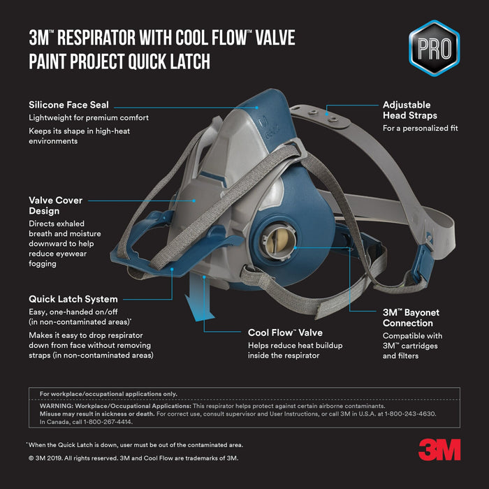 3M Paint Project Respirator with Quick Latch, 6502QLP1-C-PS, SizeMedium, 1 Ea/Pk