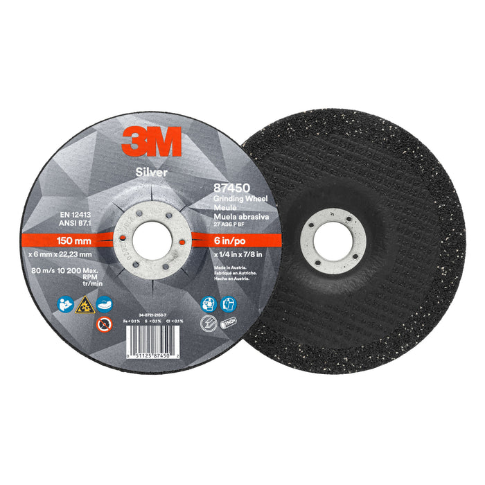 3M Silver Depressed Center Grinding Wheel, 87450, T27, 6 in x 1/4 in x7/8 in