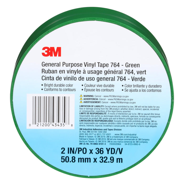 3M General Purpose Vinyl Tape 764, Green, 3 in x 36 yd, 5 mil, 12 Roll/Case