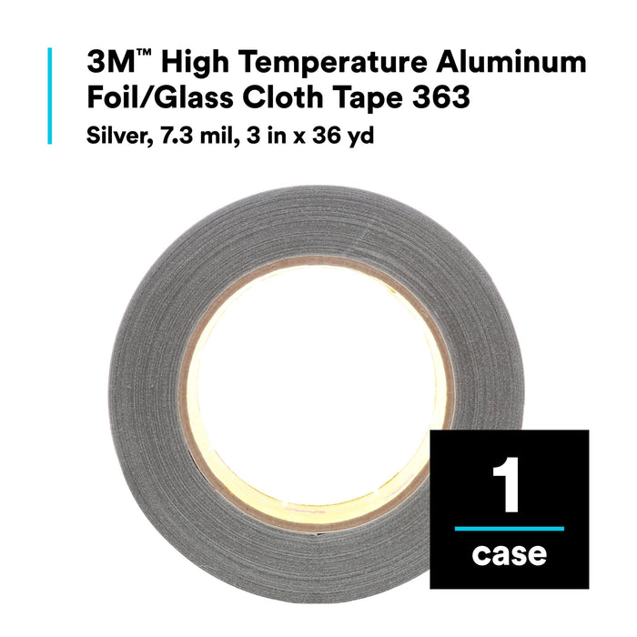 3M High Temperature Aluminum Foil Glass Cloth Tape 363, Silver, 3 in x36 yd