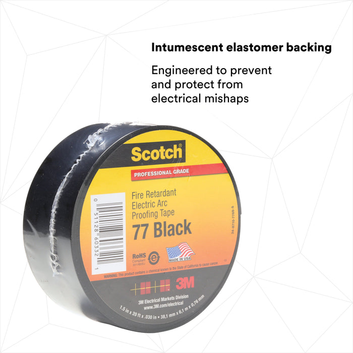 Scotch® Fire-Retardant Electric Arc Proofing Tape 77, 1-1/2 in x 20 ft,Black