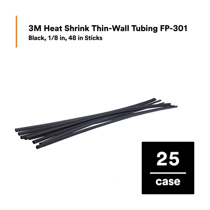 3M Heat Shrink Thin-Wall Tubing FP-301-1/8-48"-Black-25 Pcs, 48 inLength sticks