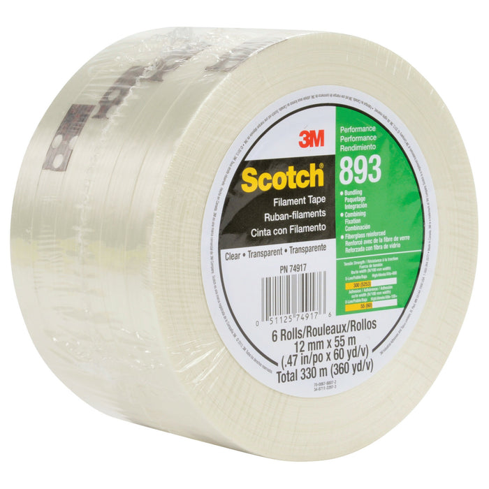 Scotch® Filament Tape 893, Clear, 12 mm x 55 m, 6 mil