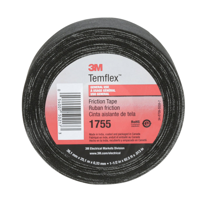 3M Temflex Cotton Friction Tape 1755, 1-1/2 in x 82-1/2 ft, Black