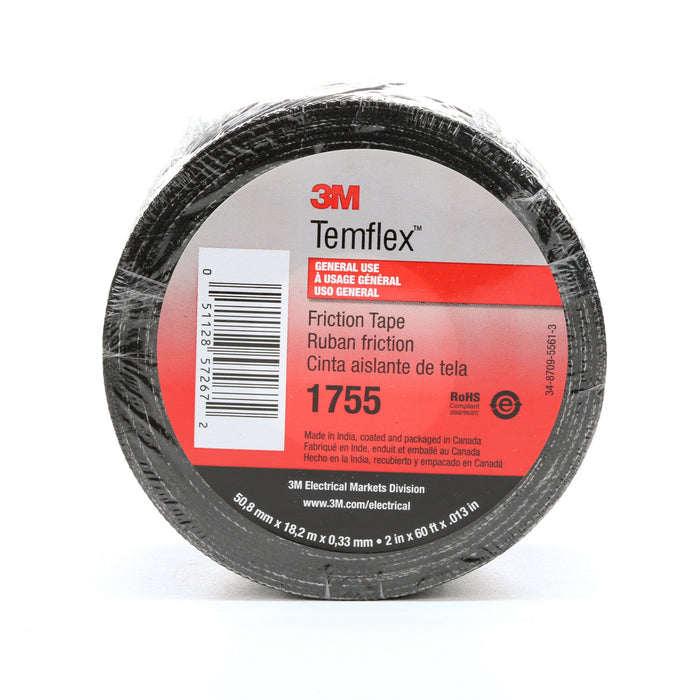 3M Temflex Cotton Friction Tape 1755, 2 in x 60 ft, Black
