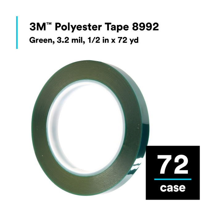 3M Polyester Tape 8992, Green, 1/2 in x 72 yd, 3.2 mil, 72 rolls percase