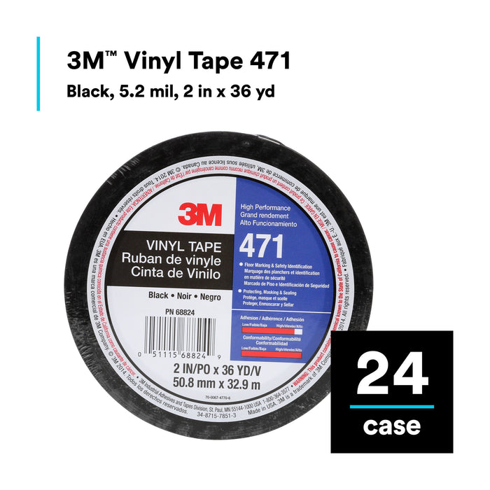 3M Vinyl Tape 471, Black, 2 in x 36 yd, 5.2 mil, 5.2 mil, 24 Roll/Case