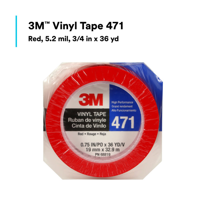3M Vinyl Tape 471, Red, 3/4 in x 36 yd, 5.2 mil, 48 Roll/Case