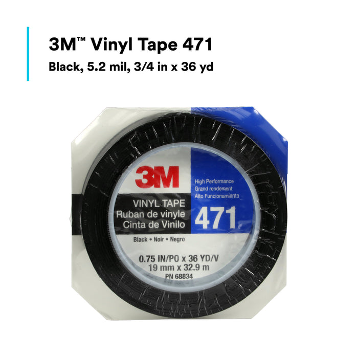 3M Vinyl Tape 471, Black, 3/4 in x 36 yd, 5.2 mil, 48 Roll/Case