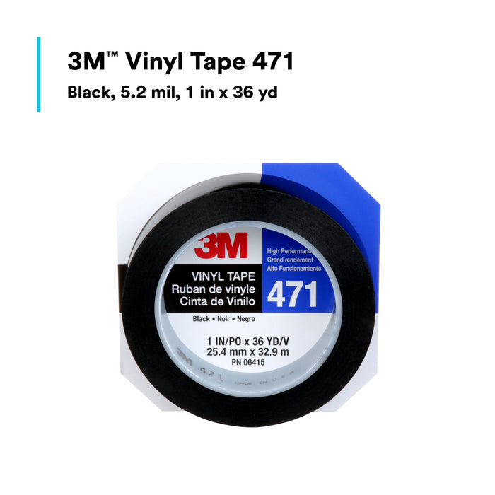 3M Vinyl Tape 471, Black, 1 in x 36 yd, 5.2 mil, 36 Roll/Case
