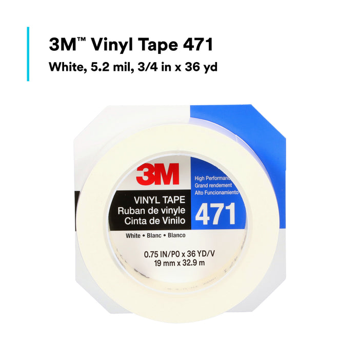3M Vinyl Tape 471, White, 3/4 in x 36 yd, 5.2 mil, 48 Roll/Case