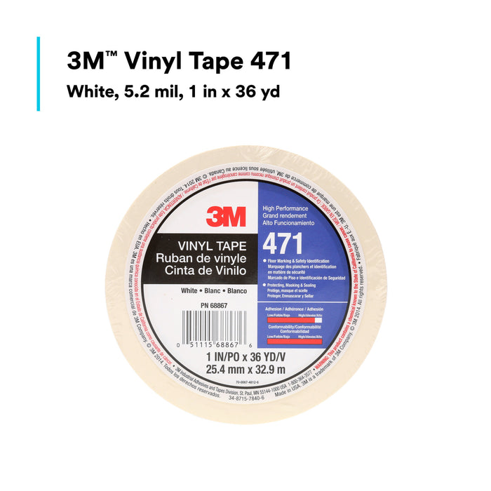 3M Vinyl Tape 471, White, 1 in x 36 yd, 5.2 mil, 36 Roll/Case
