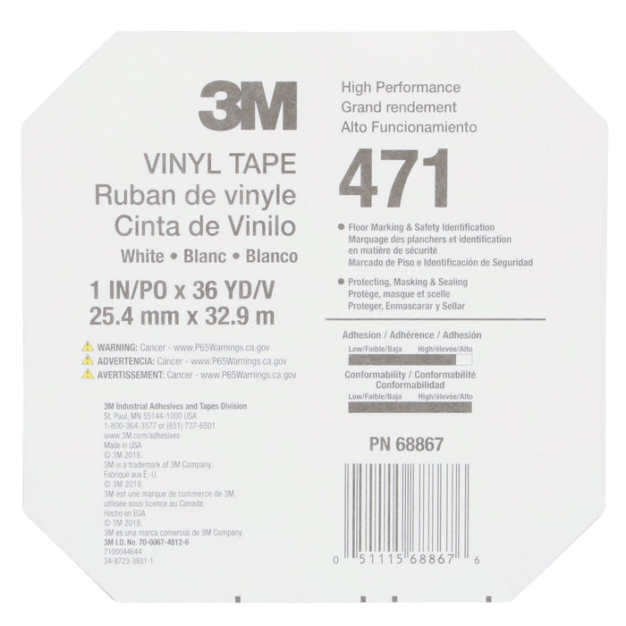 3M Vinyl Tape 471, White, 1 in x 36 yd, 5.2 mil, 36 Roll/Case