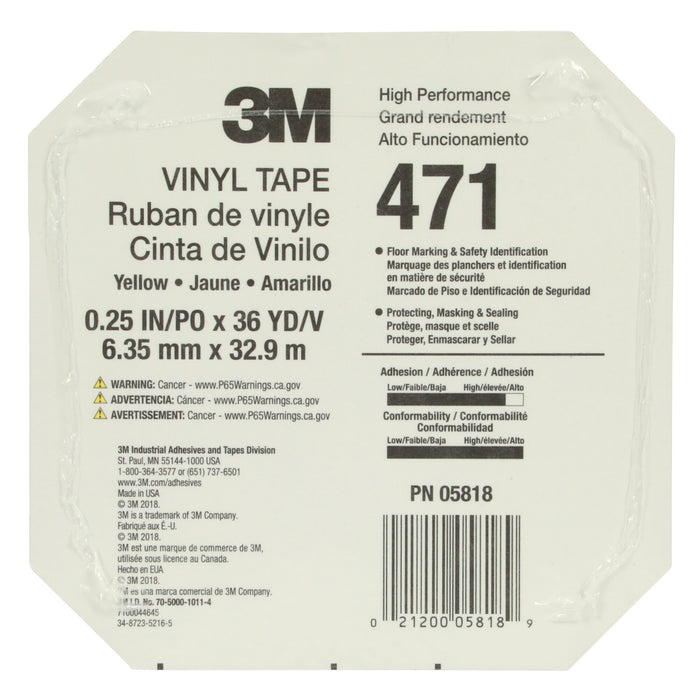 3M Vinyl Tape 471, Yellow, 1/4 in x 36 yd, 5.2 mil, 144 rolls per case