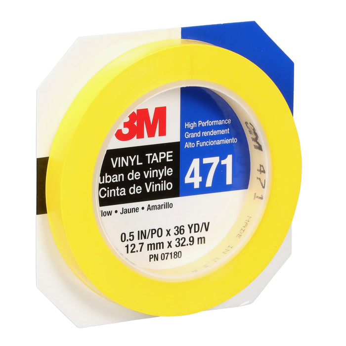 3M Vinyl Tape 471, Yellow, 1/2 in x 36 yd, 5.2 mil, 72 Roll/Case