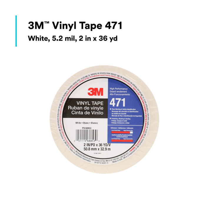 3M Vinyl Tape 471, White, 2 in x 36 yd, 5.2 mil, 24 Roll/Case