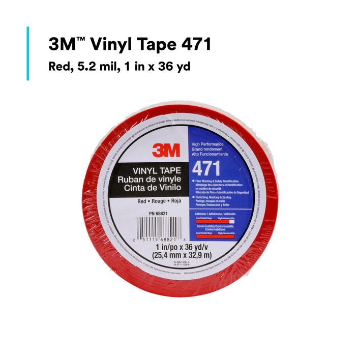 3M Vinyl Tape 471, Red, 1 in x 36 yd, 5.2 mil, 36 Roll/Case