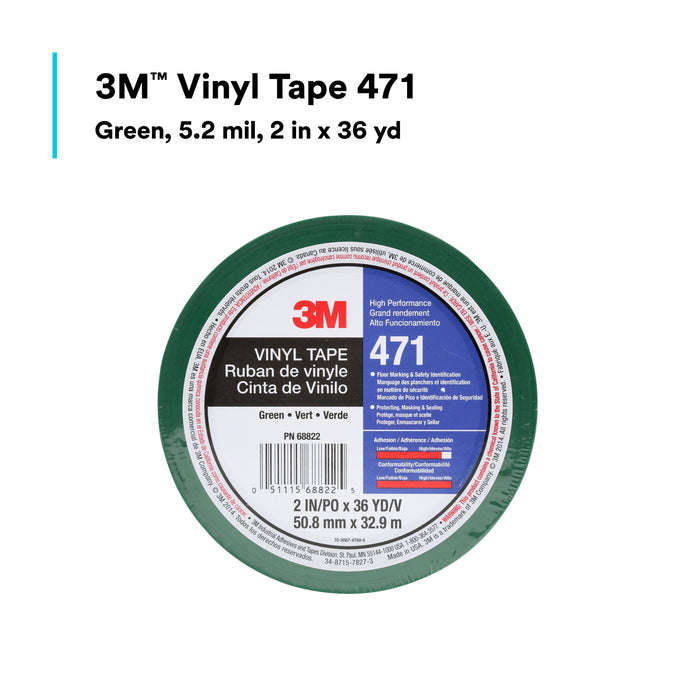 3M Vinyl Tape 471, Green, 2 in x 36 yd, 5.2 mil, 24 Roll/Case