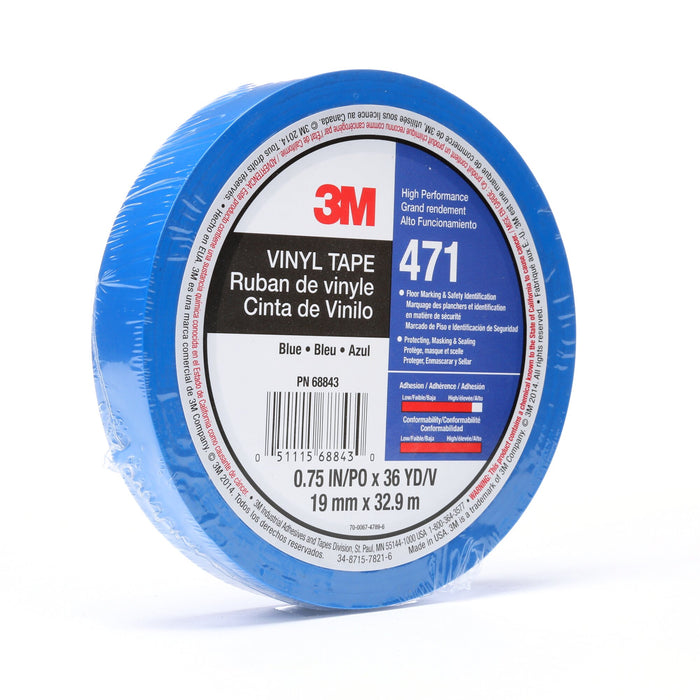 3M Vinyl Tape 471, Blue, 3/4 in x 36 yd, 5.2 mil, 48 Roll/Case