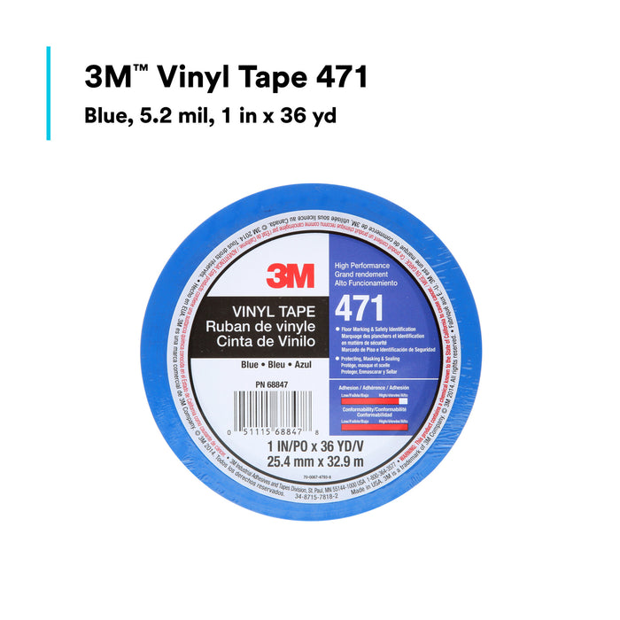 3M Vinyl Tape 471, Blue, 1 in x 36 yd, 5.2 mil, 36 Roll/Case