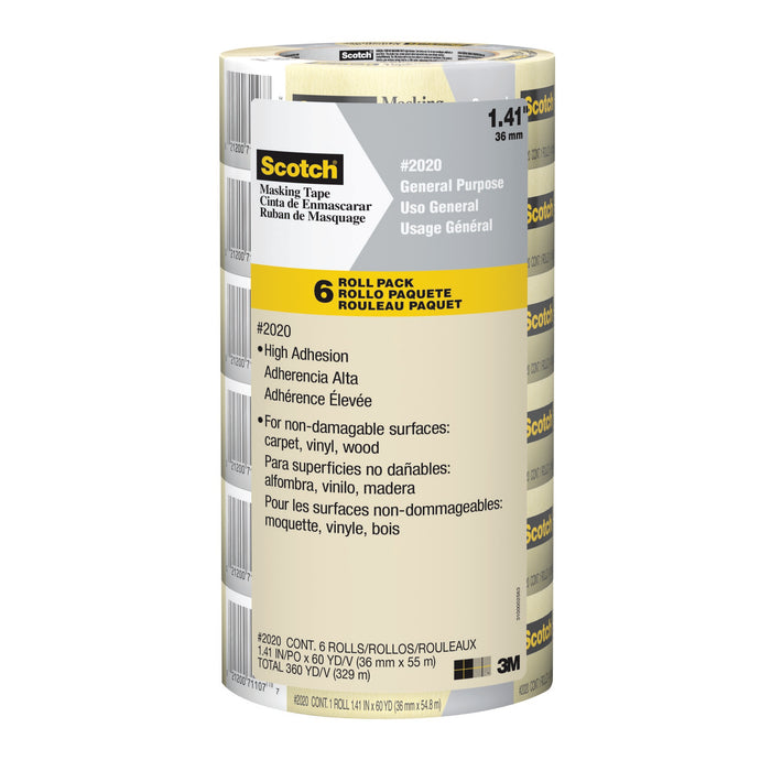 Scotch® Masking Tape 2020-36A-CP, 1.41 in x 60.1 yd (36 mm x 55 m) 6rolls/pack