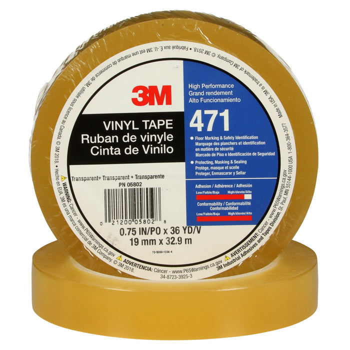 3M Vinyl Tape 471, Transparent, 3/4 in x 36 yd, 5.2 mil, 48 Roll/Case