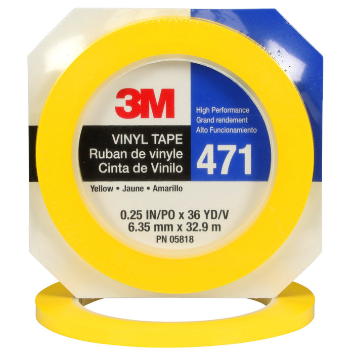 3M Vinyl Tape 471, Yellow, 1/4 in x 36 yd, 5.2 mil, 144 Roll/Case, HeatTreated