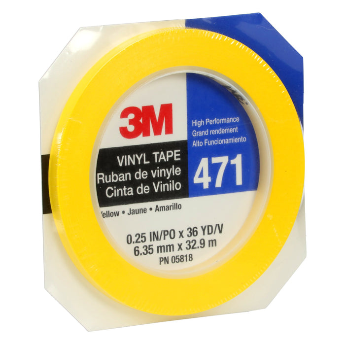 3M Vinyl Tape 471, Yellow, 1/4 in x 36 yd, 5.2 mil, 144 Roll/Case, HeatTreated