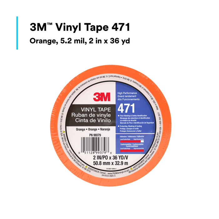 3M Vinyl Tape 471, Orange, 2 in x 36 yd, 5.2 mil, 24 Roll/Case