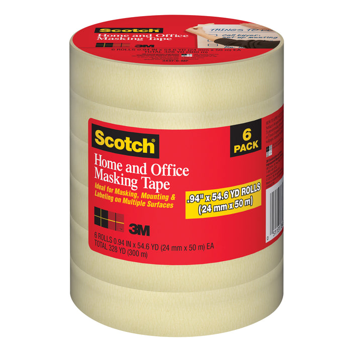 Scotch® Masking Tape 3400-24ER6, .94 in x 54.6 yd (24 mm x 50 m), 6 rolls/pack