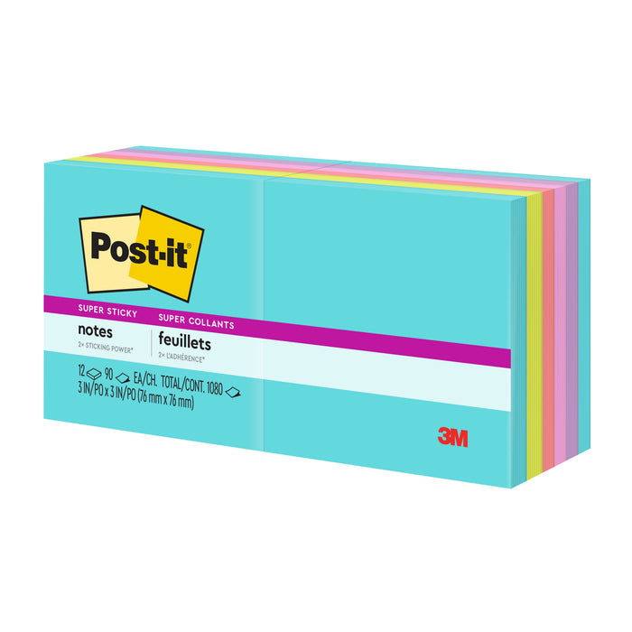 Post-it® Super Sticky Notes 654-12SSMIA, 3 in x 3 in (76 mm x 76 mm)