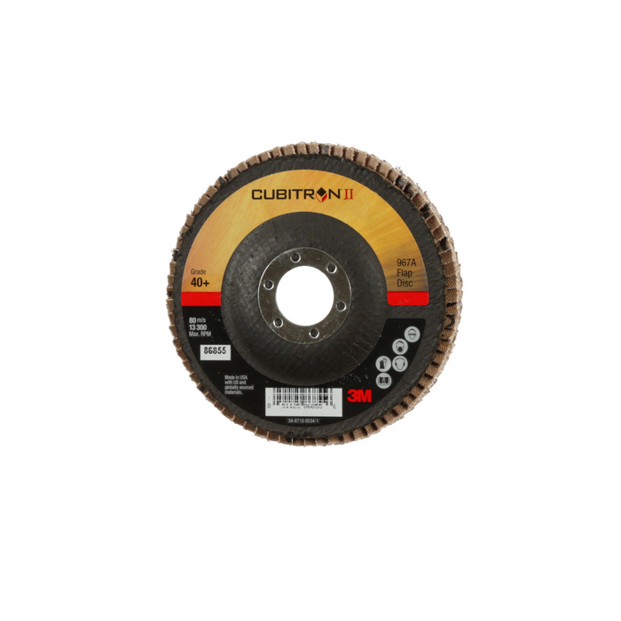3M Cubitron II Flap Disc 967A, 40+, T27, 4-1/2 in x 7/8 in, 10
ea/Case